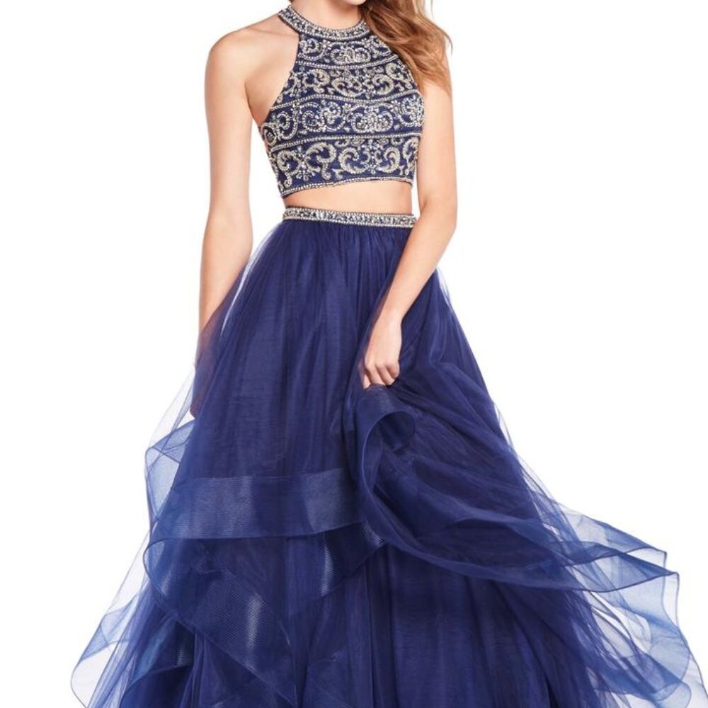 Alyce Paris Navy Halter Beaded 2pc Tulle Gown